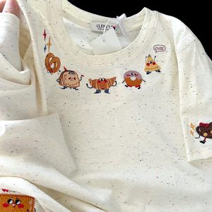 Embroidered Cartoon Color-Blocking Short-Sleeve T-Shirt for Women - Summer 2023 Trendy Cotton Top