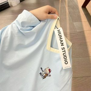 Embroidered Cartoon Color-Blocking Short-Sleeve T-Shirt for Women - Summer 2023 Trendy Cotton Top