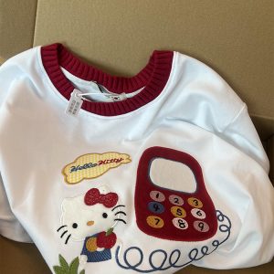 Embroidered Cartoon Color-Blocking Short-Sleeve T-Shirt for Women - Summer 2023 Trendy Cotton Top