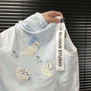 Embroidered Cartoon Color-Blocking Short-Sleeve T-Shirt for Women - Summer 2023 Trendy Cotton Top