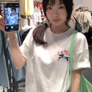Embroidered Cartoon Heavyweight Cotton Short Sleeve T-Shirt for Women - Summer 2025 Y2K Gray Age-Reducing Top