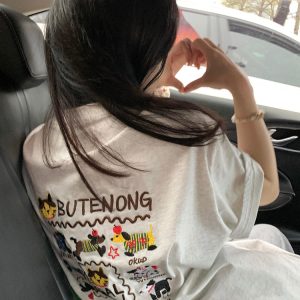 Embroidered Cartoon Heavyweight Cotton Short Sleeve T-Shirt for Women - Summer 2025 Y2K Gray Age-Reducing Top