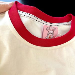 Embroidered Cartoon Milk Color Block Short Sleeve T-Shirt for Women - Trendy Apricot Patchwork Summer 2025 Style