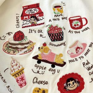 Embroidered Cartoon Milk Color Block Short Sleeve T-Shirt for Women - Trendy Apricot Patchwork Summer 2025 Style