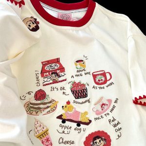 Embroidered Cartoon Milk Color Block Short Sleeve T-Shirt for Women - Trendy Apricot Patchwork Summer 2025 Style