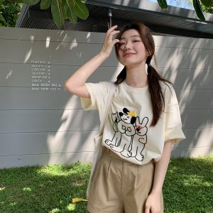 Embroidered Cartoon T-Shirt for Women, Short Sleeve Loose Slim Fit Top, 2025 Style, Cute Casual Wear for Petite Sizes