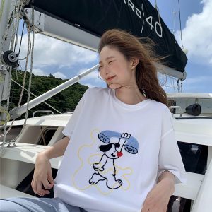 Embroidered Cartoon T-Shirt for Women, Short Sleeve Loose Slim Fit Top, 2025 Style, Cute Casual Wear for Petite Sizes