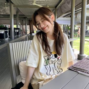 Embroidered Cartoon T-Shirt for Women, Short Sleeve Loose Slim Fit Top, 2025 Style, Cute Casual Wear for Petite Sizes