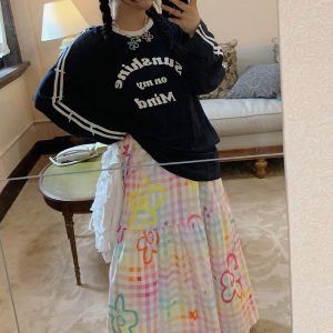 Embroidered Checkered Midi Skirt for Women - High-Waisted Plus Size, Spring 2025, Exquisite Long Skirt for Curvy Figures