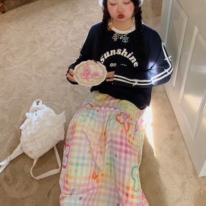 Embroidered Checkered Midi Skirt for Women - High-Waisted Plus Size, Spring 2025, Exquisite Long Skirt for Curvy Figures