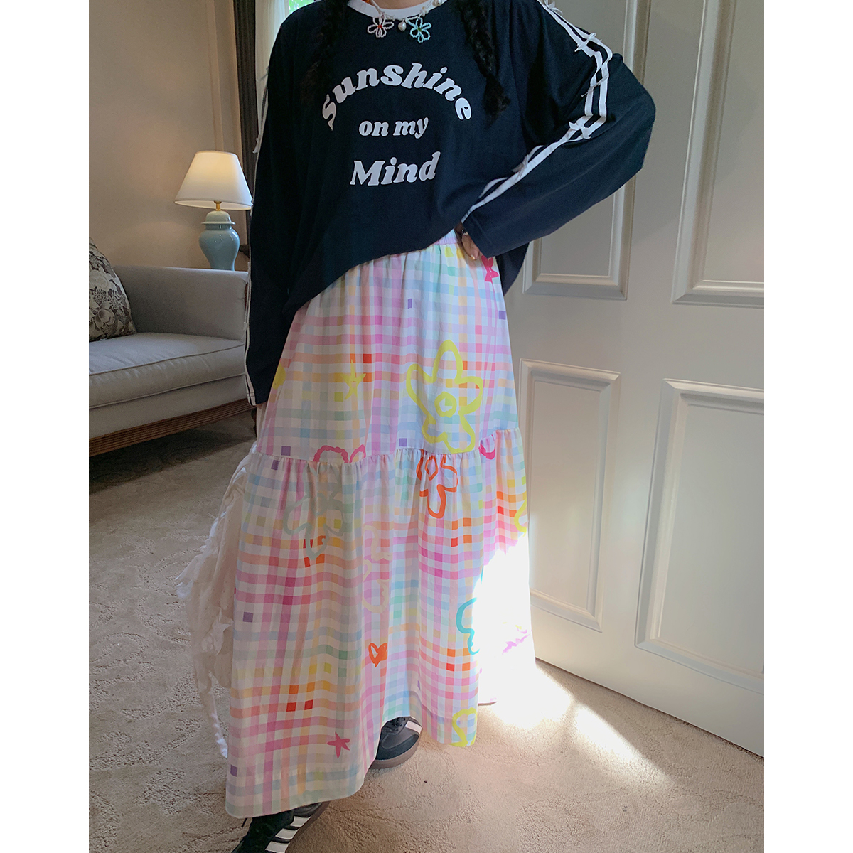 Embroidered Checkered Midi Skirt for Women - High-Waisted Plus Size, Spring 2025, Exquisite Long Skirt for Curvy Figures