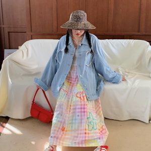 Embroidered Checkered Midi Skirt for Women - High-Waisted Plus Size, Spring 2025, Exquisite Long Skirt for Curvy Figures