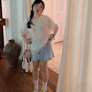 Embroidered Chinese Style Lace T-Shirt for Women, Short Sleeve Plus Size Top, Summer 2025 Fashion, Bohemian & National Wind Design