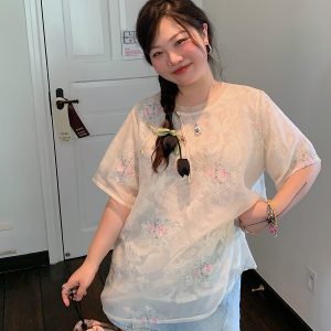 Embroidered Chinese Style Lace T-Shirt for Women, Short Sleeve Plus Size Top, Summer 2025 Fashion, Bohemian & National Wind Design