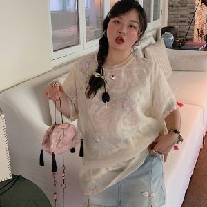 Embroidered Chinese Style Lace T-Shirt for Women, Short Sleeve Plus Size Top, Summer 2025 Fashion, Bohemian & National Wind Design