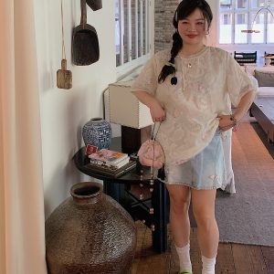 Embroidered Chinese Style Lace T-Shirt for Women, Short Sleeve Plus Size Top, Summer 2025 Fashion, Bohemian & National Wind Design