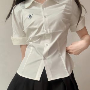 Embroidered College Style Short Sleeve Shirt - Slim Fit, Waist-Defining, Versatile White and Blue Top for Summer