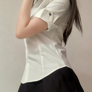 Embroidered College Style Short Sleeve Shirt - Slim Fit, Waist-Defining, Versatile White and Blue Top for Summer