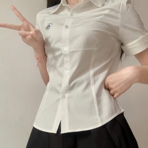 Embroidered College Style Short Sleeve Shirt - Slim Fit, Waist-Defining, Versatile White and Blue Top for Summer