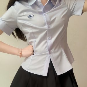 Embroidered College Style Short Sleeve Shirt - Slim Fit, Waist-Defining, Versatile White and Blue Top for Summer
