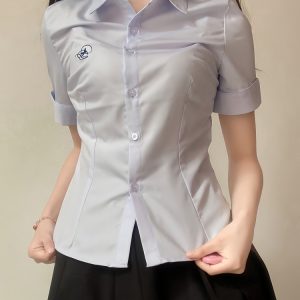 Embroidered College Style Short Sleeve Shirt - Slim Fit, Waist-Defining, Versatile White and Blue Top for Summer