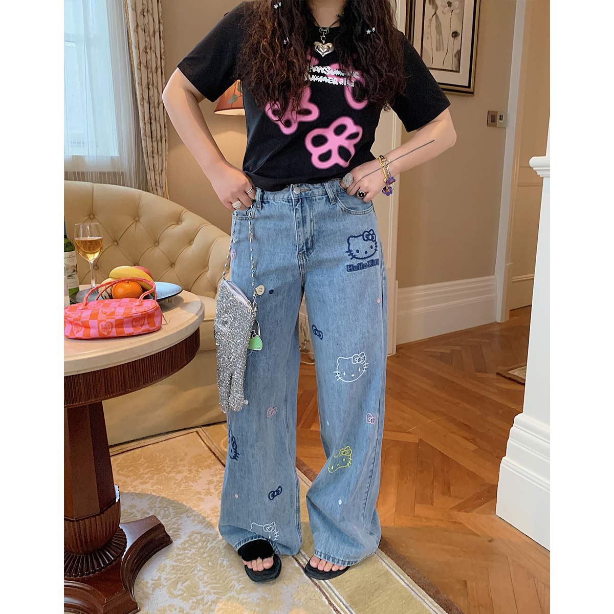 Embroidered Denim Wide-Leg Pants for Women, Plus Size, Flattering Slim Fit, Spring Summer 2025 Style, Trendy Casual Fashion