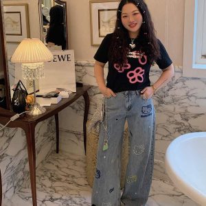Embroidered Denim Wide-Leg Pants for Women, Plus Size, Flattering Slim Fit, Spring Summer 2025 Style, Trendy Casual Fashion