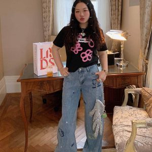 Embroidered Denim Wide-Leg Pants for Women, Plus Size, Flattering Slim Fit, Spring Summer 2025 Style, Trendy Casual Fashion