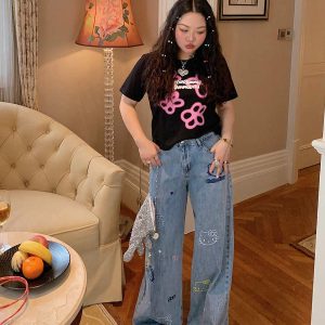 Embroidered Denim Wide-Leg Pants for Women, Plus Size, Flattering Slim Fit, Spring Summer 2025 Style, Trendy Casual Fashion