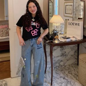 Embroidered Denim Wide-Leg Pants for Women, Plus Size, Flattering Slim Fit, Spring Summer 2025 Style, Trendy Casual Fashion