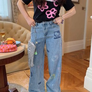 Embroidered Denim Wide-Leg Pants for Women, Plus Size, Flattering Slim Fit, Spring Summer 2025 Style, Trendy Casual Fashion