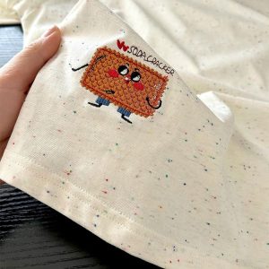 Embroidered Dessert Peach Cotton Short Sleeve T-Shirt for Women - Unique Cartoon Shoulder Top, Summer 2025 Fashion