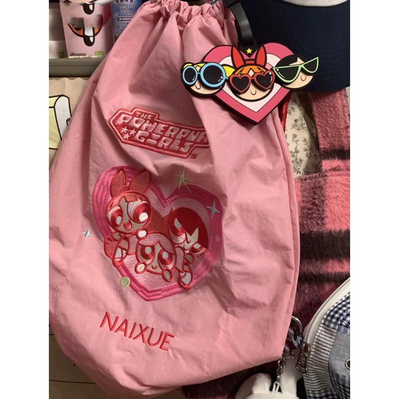 Embroidered Drawstring Backpack - Flying Girl Powerpuff Girls Naixue Style, Large Capacity, Trendy Commuter Bag, 2025 Fashion