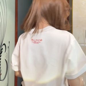 Embroidered Ethnic Style Letter Short Sleeve T-Shirt for Women - Summer 2023 Heavyweight Pure Cotton Casual Top