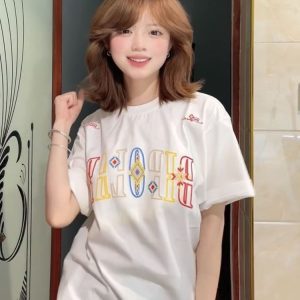 Embroidered Ethnic Style Letter Short Sleeve T-Shirt for Women - Summer 2023 Heavyweight Pure Cotton Casual Top