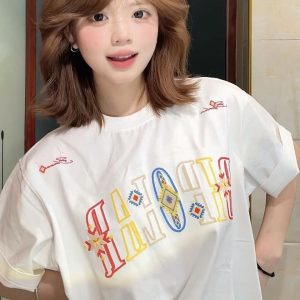 Embroidered Ethnic Style Letter Short Sleeve T-Shirt for Women - Summer 2023 Heavyweight Pure Cotton Casual Top