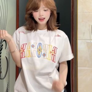 Embroidered Ethnic Style Letter Short Sleeve T-Shirt for Women - Summer 2023 Heavyweight Pure Cotton Casual Top