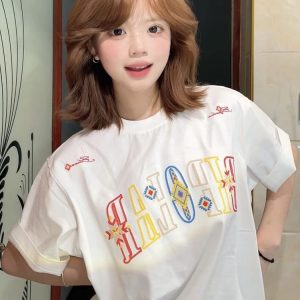 Embroidered Ethnic Style Letter Short Sleeve T-Shirt for Women - Summer 2023 Heavyweight Pure Cotton Casual Top