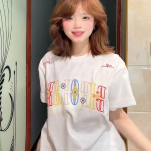 Embroidered Ethnic Style Letter Short Sleeve T-Shirt for Women - Summer 2023 Heavyweight Pure Cotton Casual Top