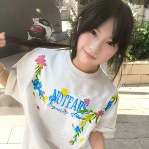Embroidered Floral Heavyweight Short-Sleeve T-Shirt for Women - Summer 2025 Trendy Couple's Top, Y2K Style