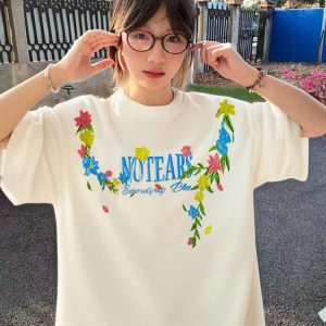 Embroidered Floral Heavyweight Short-Sleeve T-Shirt for Women - Summer 2025 Trendy Couple's Top, Y2K Style