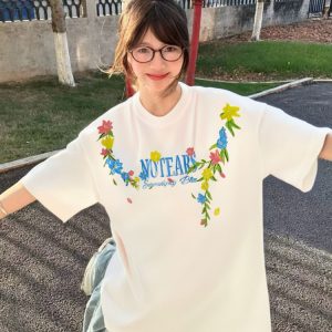 Embroidered Floral Heavyweight Short-Sleeve T-Shirt for Women - Summer 2025 Trendy Couple's Top, Y2K Style