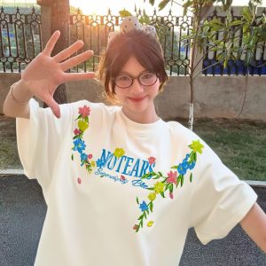 Embroidered Floral Heavyweight Short-Sleeve T-Shirt for Women - Summer 2025 Trendy Couple's Top, Y2K Style