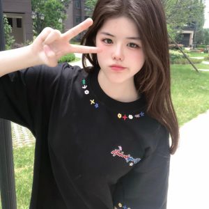 Embroidered Floral Letter Heavyweight Short Sleeve T-Shirt for Women - Summer 2025 Trendy Couple's Top, Unique and Stylish