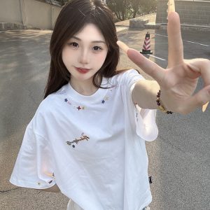 Embroidered Floral Letter Heavyweight Short Sleeve T-Shirt for Women - Summer 2025 Trendy Couple's Top, Unique and Stylish