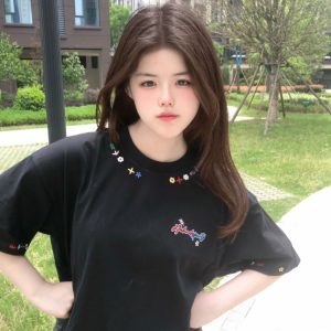 Embroidered Floral Letter Heavyweight Short Sleeve T-Shirt for Women - Summer 2025 Trendy Couple's Top, Unique and Stylish