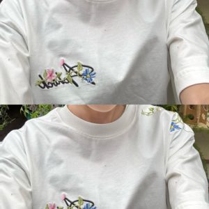 Embroidered Floral Rattan Short Sleeve T-Shirt for Women - Summer Trendy American Style High-End Straight Shoulder Top