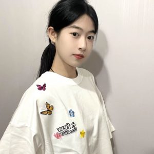 Embroidered Flying Butterfly Short Sleeve T-Shirt for Women, Summer Cotton Top, Unique Couple Outfit, Trendy Y2K Style