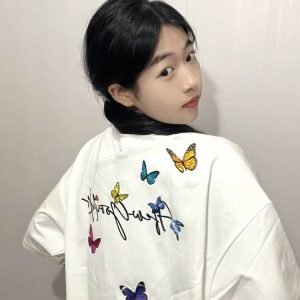 Embroidered Flying Butterfly Short Sleeve T-Shirt for Women, Summer Cotton Top, Unique Couple Outfit, Trendy Y2K Style