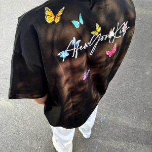 Embroidered Flying Butterfly Short Sleeve T-Shirt for Women, Summer Cotton Top, Unique Couple Outfit, Trendy Y2K Style
